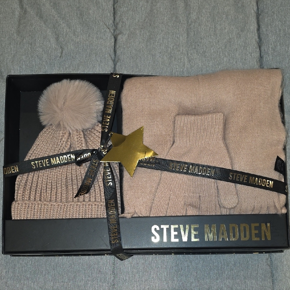 Steve Madden Taupe Knit Hat, Glove & Scarf Set